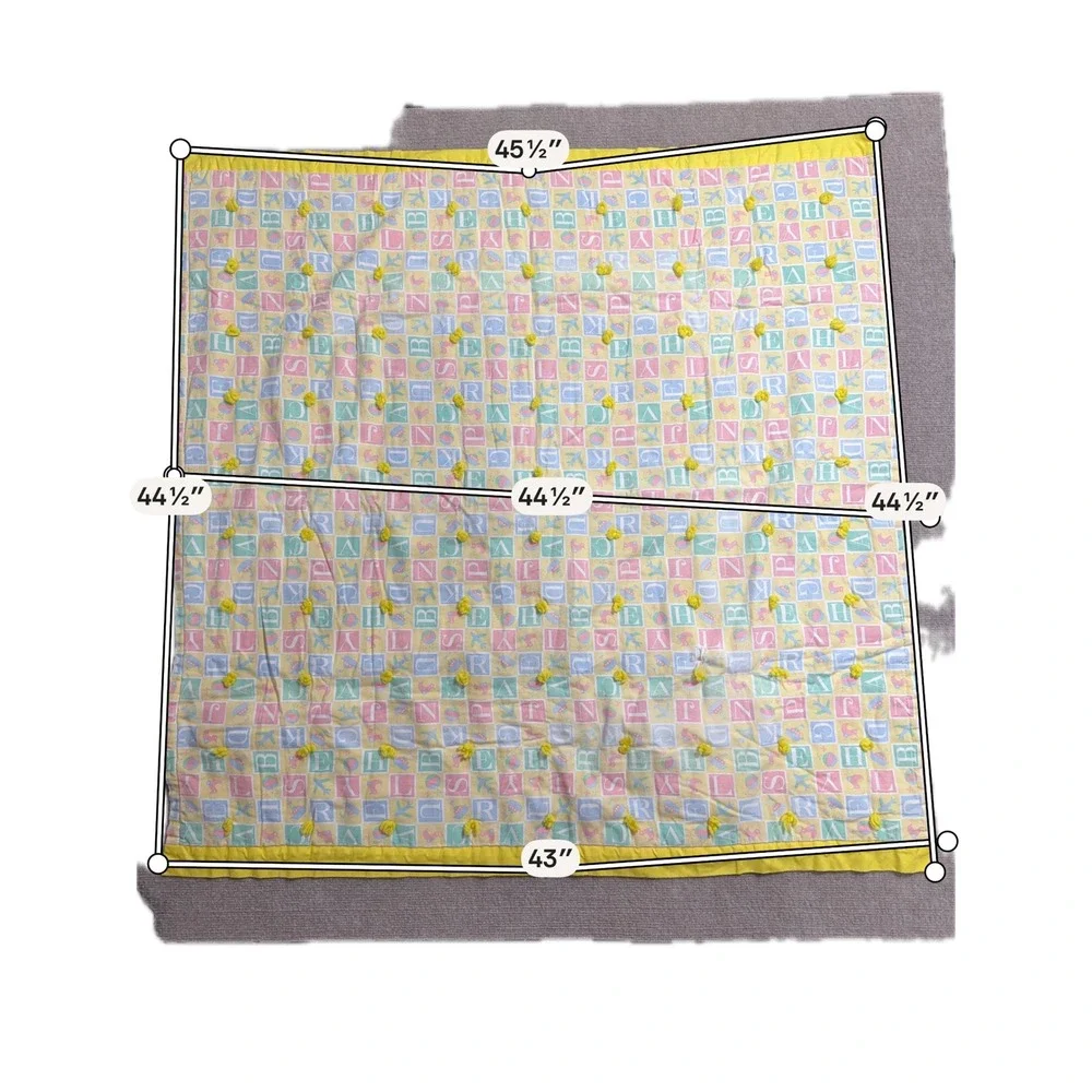 Vintage Handmade Baby Quilt Alphabet Block Pastel Plaid Yellow Ruffle Trim 45x45